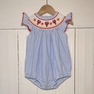 LIL CACTUS VGUC Girls Embroidered Smocked Lobster Blue Stripped Bubble